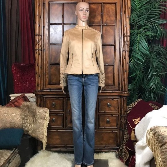 Curations Honey Beige Faux Suede Studded Zip Sleeve Jacket - Picture 6 of 16